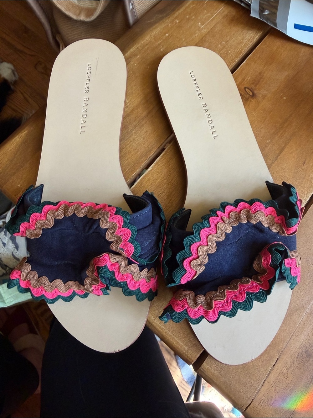 Loeffler Randall Navy Slide Sandals with Pink, Green & Tan Ruffle Trim